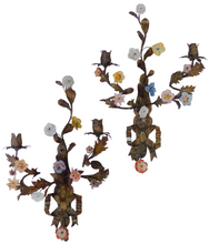 Load image into Gallery viewer, 20" Antique Pair Wall Light Sconces Gilded Tole 1930 Porcelain Flowers Foliage