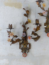 Load image into Gallery viewer, 20" Antique Pair Wall Light Sconces Gilded Tole 1930 Porcelain Flowers Foliage