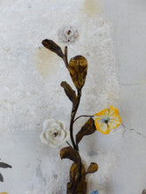 Load image into Gallery viewer, 20" Antique Pair Wall Light Sconces Gilded Tole 1930 Porcelain Flowers Foliage