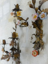 Load image into Gallery viewer, 20" Antique Pair Wall Light Sconces Gilded Tole 1930 Porcelain Flowers Foliage