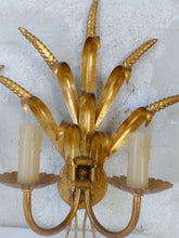 Load image into Gallery viewer, Vintage Set 3x Wall Lights French Gilt Metal Ear Wheat Sconces Hollywood Regency