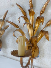 Load image into Gallery viewer, Vintage Set 3x Wall Lights French Gilt Metal Ear Wheat Sconces Hollywood Regency