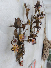 Load image into Gallery viewer, 20" Antique Pair Wall Light Sconces Gilded Tole 1930 Porcelain Flowers Foliage