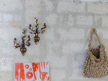 Load image into Gallery viewer, 20" Antique Pair Wall Light Sconces Gilded Tole 1930 Porcelain Flowers Foliage