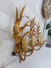 Load image into Gallery viewer, Vintage Set 3x Wall Lights French Gilt Metal Ear Wheat Sconces Hollywood Regency