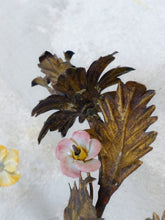 Load image into Gallery viewer, 20" Antique Pair Wall Light Sconces Gilded Tole 1930 Porcelain Flowers Foliage