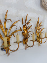 Load image into Gallery viewer, Vintage Set 3x Wall Lights French Gilt Metal Ear Wheat Sconces Hollywood Regency