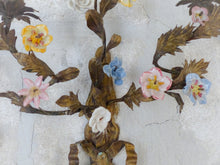 Load image into Gallery viewer, 20" Antique Pair Wall Light Sconces Gilded Tole 1930 Porcelain Flowers Foliage