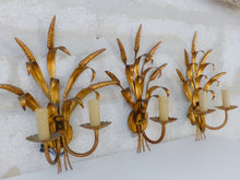 Load image into Gallery viewer, Vintage Set 3x Wall Lights French Gilt Metal Ear Wheat Sconces Hollywood Regency