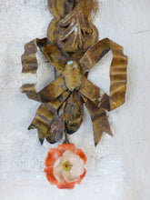 Load image into Gallery viewer, 20" Antique Pair Wall Light Sconces Gilded Tole 1930 Porcelain Flowers Foliage