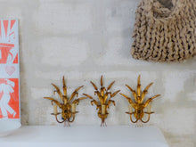 Load image into Gallery viewer, Vintage Set 3x Wall Lights French Gilt Metal Ear Wheat Sconces Hollywood Regency