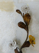 Load image into Gallery viewer, 20" Antique Pair Wall Light Sconces Gilded Tole 1930 Porcelain Flowers Foliage