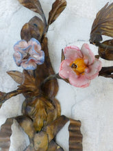 Load image into Gallery viewer, 20" Antique Pair Wall Light Sconces Gilded Tole 1930 Porcelain Flowers Foliage