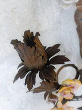 Load image into Gallery viewer, 20" Antique Pair Wall Light Sconces Gilded Tole 1930 Porcelain Flowers Foliage