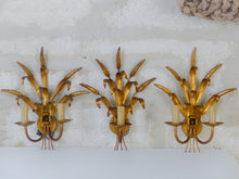 Load image into Gallery viewer, Vintage Set 3x Wall Lights French Gilt Metal Ear Wheat Sconces Hollywood Regency