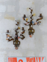 Load image into Gallery viewer, 20" Antique Pair Wall Light Sconces Gilded Tole 1930 Porcelain Flowers Foliage