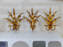 Load image into Gallery viewer, Vintage Set 3x Wall Lights French Gilt Metal Ear Wheat Sconces Hollywood Regency