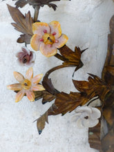 Load image into Gallery viewer, 20" Antique Pair Wall Light Sconces Gilded Tole 1930 Porcelain Flowers Foliage