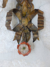 Load image into Gallery viewer, 20" Antique Pair Wall Light Sconces Gilded Tole 1930 Porcelain Flowers Foliage