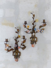 Load image into Gallery viewer, 20" Antique Pair Wall Light Sconces Gilded Tole 1930 Porcelain Flowers Foliage