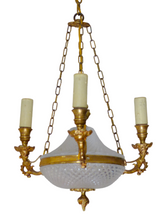 Load image into Gallery viewer, 1950 Vintage French 3 Arms Ormolu Bronze Cut Crystal Chandelier Ceiling Empire