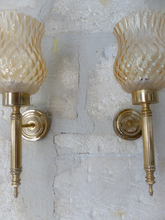 Load image into Gallery viewer, Vintage French Pair Metal Torch Wall Lights sconce Glass Lamp 1970 Pearly Shade
