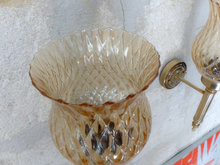 Load image into Gallery viewer, Vintage French Pair Metal Torch Wall Lights sconce Glass Lamp 1970 Pearly Shade