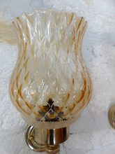 Load image into Gallery viewer, Vintage French Pair Metal Torch Wall Lights sconce Glass Lamp 1970 Pearly Shade