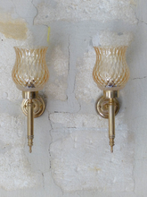 Load image into Gallery viewer, Vintage French Pair Metal Torch Wall Lights sconce Glass Lamp 1970 Pearly Shade