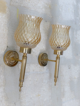 Load image into Gallery viewer, Vintage French Pair Metal Torch Wall Lights sconce Glass Lamp 1970 Pearly Shade