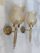 Load image into Gallery viewer, Vintage French Pair Metal Torch Wall Lights sconce Glass Lamp 1970 Pearly Shade