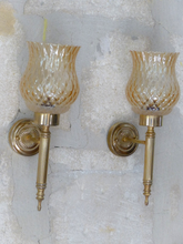 Load image into Gallery viewer, Vintage French Pair Metal Torch Wall Lights sconce Glass Lamp 1970 Pearly Shade