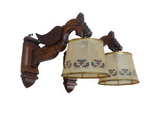 Load image into Gallery viewer, Vintage PAIR French Carved Wood Gothic Chimera Wall Light Sconce Gargoye Shades