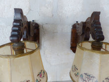 Load image into Gallery viewer, Vintage PAIR French Carved Wood Gothic Chimera Wall Light Sconce Gargoye Shades