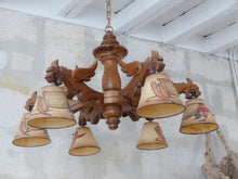 Load image into Gallery viewer, Vintage Large French Carved Wood Gothic Chimera Chandelier 6 Lights Gargoye 1950