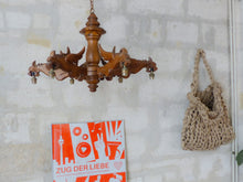 Load image into Gallery viewer, Vintage Large French Carved Wood Gothic Chimera Chandelier 6 Lights Gargoye 1950