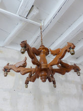 Load image into Gallery viewer, Vintage Large French Carved Wood Gothic Chimera Chandelier 6 Lights Gargoye 1950