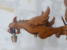Load image into Gallery viewer, Vintage Large French Carved Wood Gothic Chimera Chandelier 6 Lights Gargoye 1950
