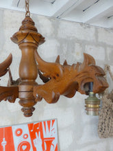 Load image into Gallery viewer, Vintage Large French Carved Wood Gothic Chimera Chandelier 6 Lights Gargoye 1950