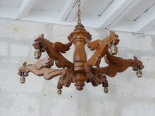 Load image into Gallery viewer, Vintage Large French Carved Wood Gothic Chimera Chandelier 6 Lights Gargoye 1950