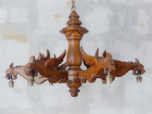 Load image into Gallery viewer, Vintage Large French Carved Wood Gothic Chimera Chandelier 6 Lights Gargoye 1950