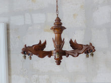 Load image into Gallery viewer, Vintage Large French Carved Wood Gothic Chimera Chandelier 6 Lights Gargoye 1950