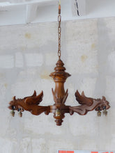 Load image into Gallery viewer, Vintage Large French Carved Wood Gothic Chimera Chandelier 6 Lights Gargoye 1950