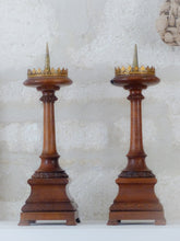 Load image into Gallery viewer, Pair Large 19TH French Medieval Church Altar Candlestick Carved Walnut wood