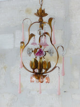 Load image into Gallery viewer, Gorgeous Vintage Chandelier Pink Glass Drops Porcelain flowers Murano 1950 RARE