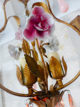 Load image into Gallery viewer, Gorgeous Vintage Chandelier Pink Glass Drops Porcelain flowers Murano 1950 RARE
