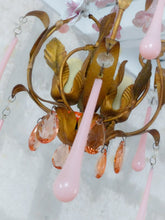 Load image into Gallery viewer, Gorgeous Vintage Chandelier Pink Glass Drops Porcelain flowers Murano 1950 RARE