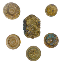 Load image into Gallery viewer, Antique Set 6x Nail Cover French Gilded Brass Pediment Hardware Salvage