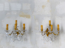 Load image into Gallery viewer, BACCARAT 19TH Gorgeous PAIR Wall Light Clear Crystal Drop Sconces 4 Fires RARE