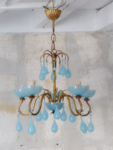 Load image into Gallery viewer, Antique Chandelier Aqua Blue Opaline Drops Cup Beads 1930 MURANO 5 lights RARE